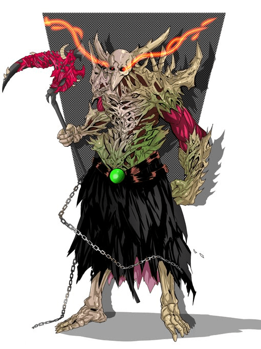 Full-colour bone-armoured reaper character with glowing orange horns and a chained scythe