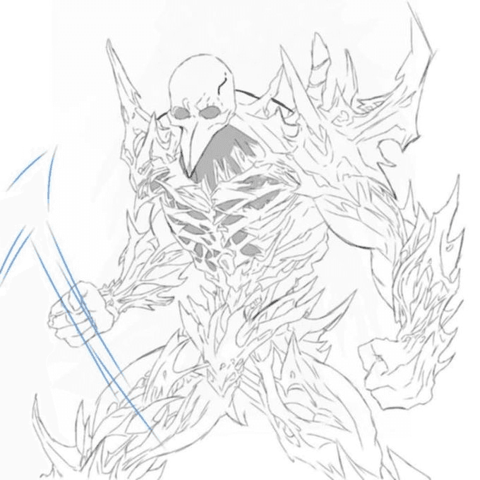 Pencil character sketch of a heavily armoured skeletal reaper holding a weapon