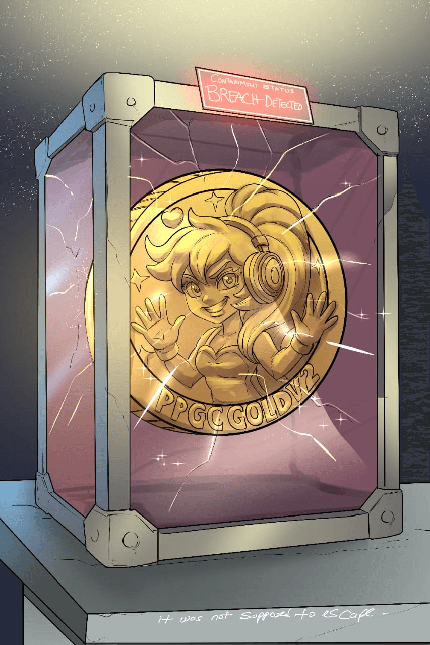 Finished illustration of a gold headphone character escaping through a cracked containment case