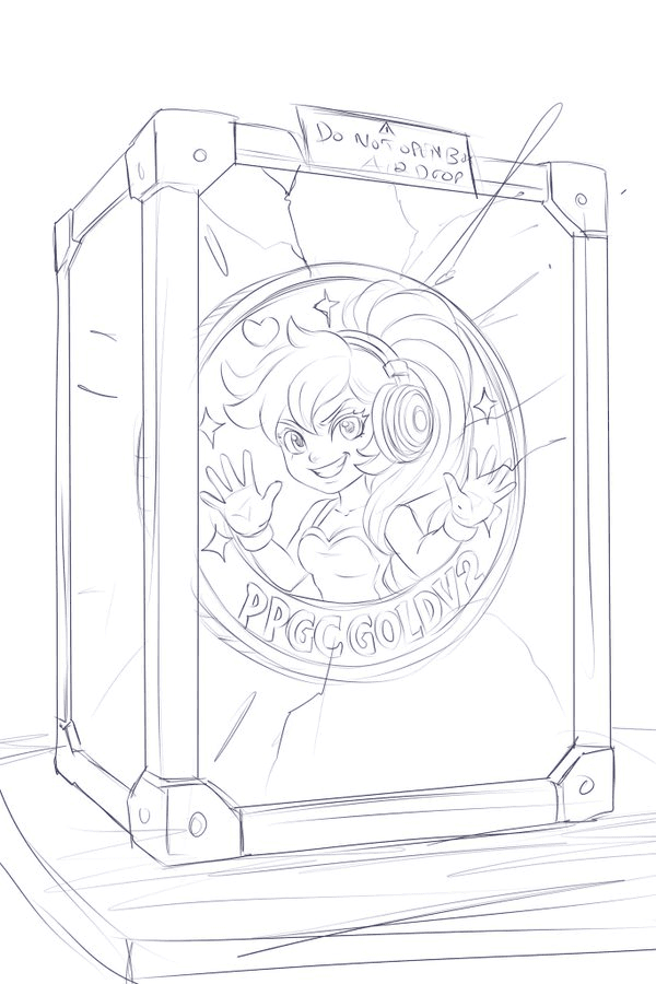 Blue-line concept sketch of a headphone-wearing character inside a cracked containment case