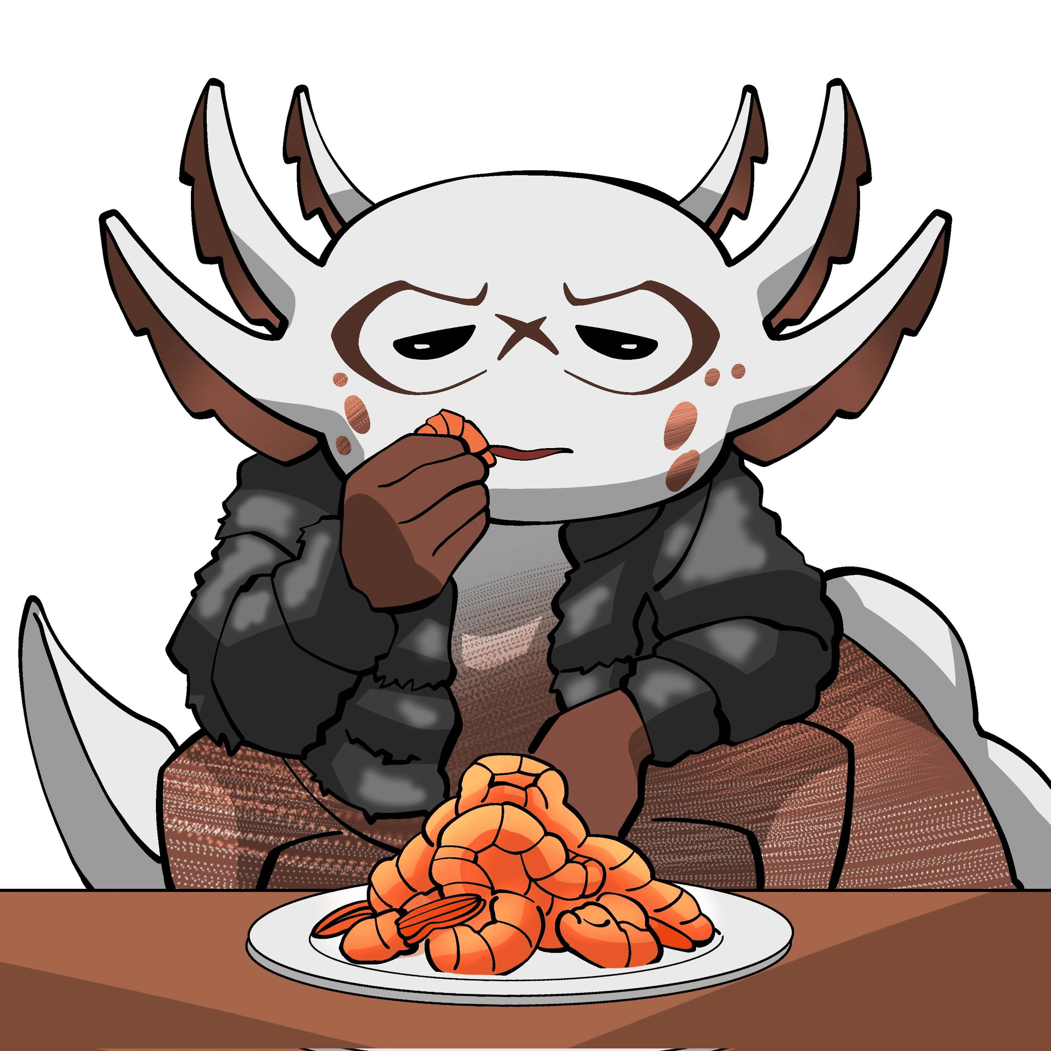 Horned fantasy character in a dark coat eating crab at a table