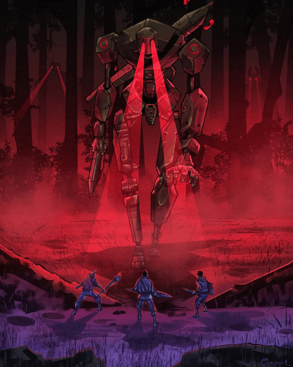 Colour illustration of a giant forest robot scanning three figures with red beams