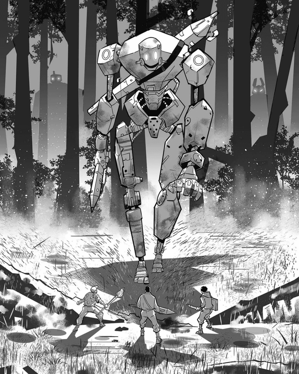 Black-and-white illustration of a giant mechanical guardian approaching three figures in a forest
