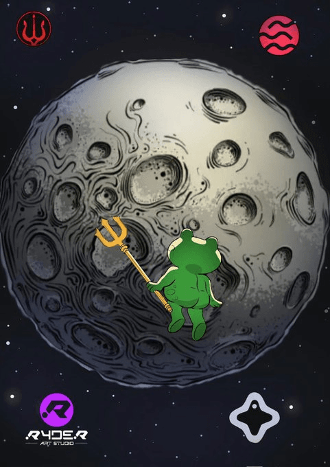 Illustrated poster of a small green frog carrying a trident while approaching a cratered moon