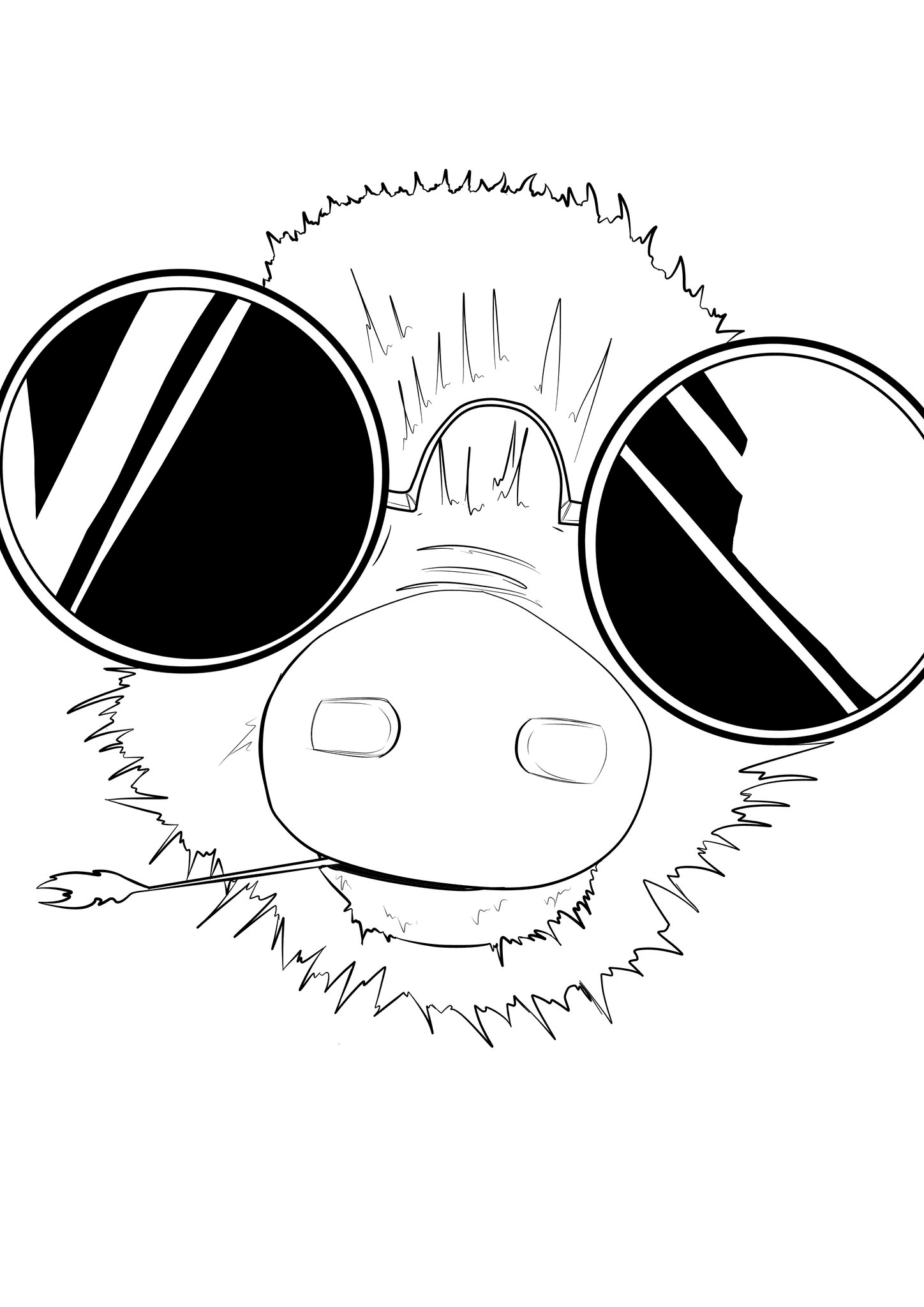Black line drawing of the Snowball pig mascot wearing large round sunglasses