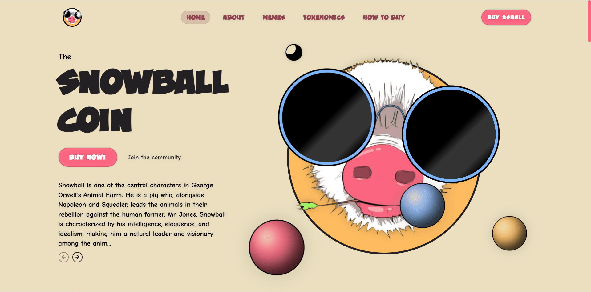 Desktop landing page for The Snowball Coin featuring a pig mascot wearing oversized sunglasses