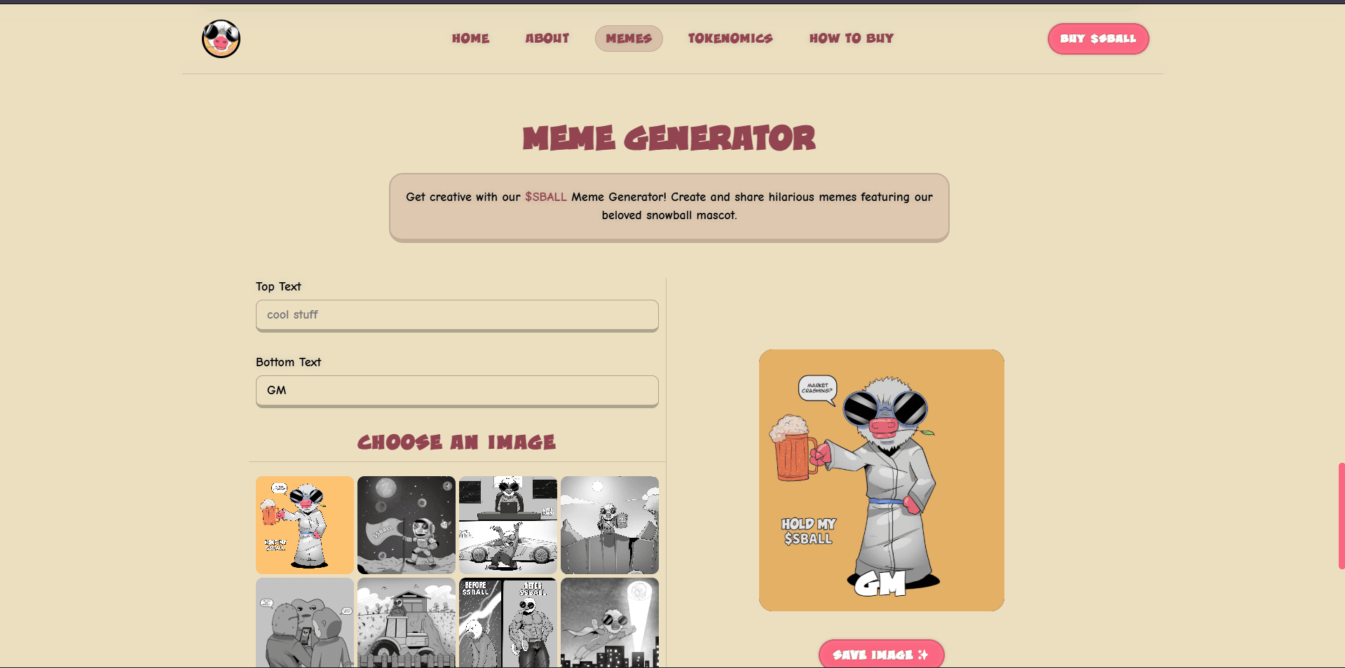 Desktop Snowball Coin meme generator interface with text fields, image choices and a live preview