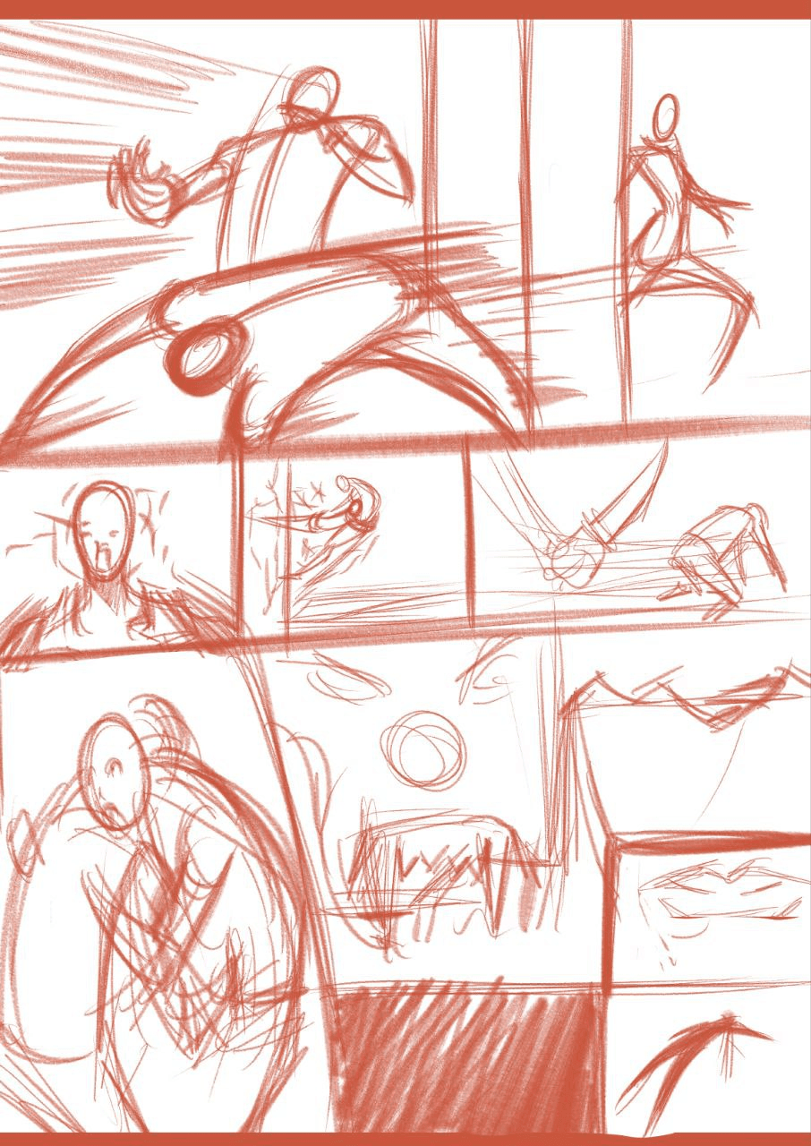 Red-pencil storyboard sheet with rough action poses, vehicles and camera framing notes