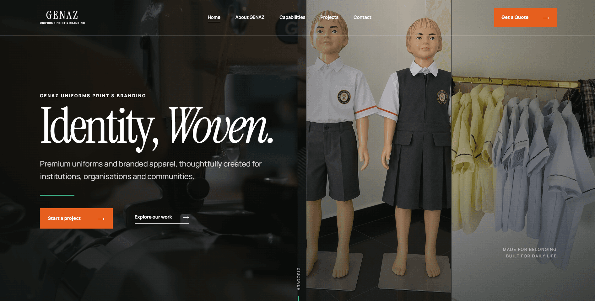 GENAZ Uniforms website homepage featuring school uniforms and branded apparel