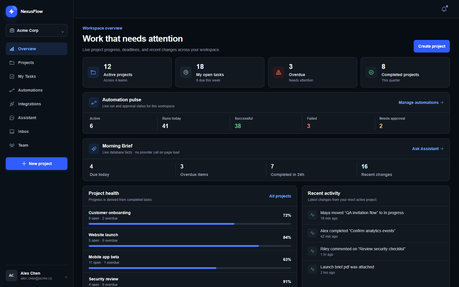 NexusFlow workspace overview showing project health, automation activity and recent updates