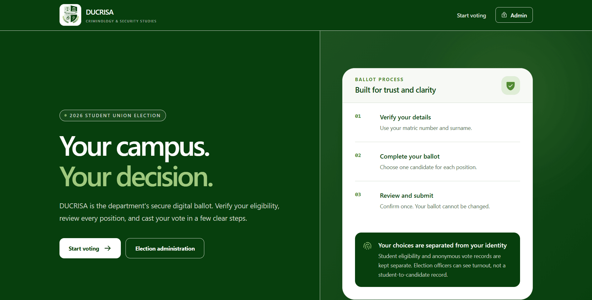 DUCRISA University Voting System desktop landing page with voter guidance and ballot process