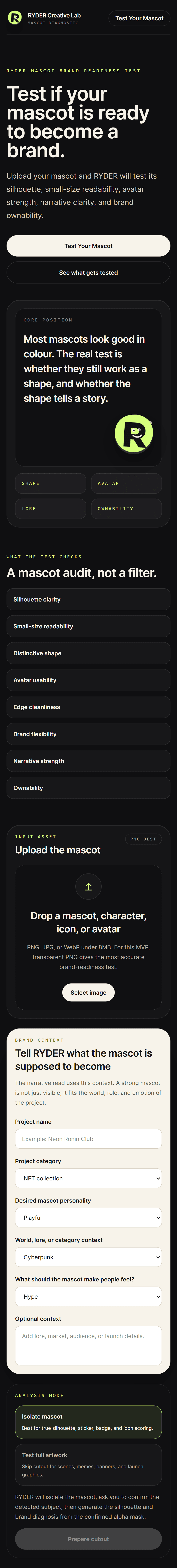 Mascot Silhouette Tester intake experience shown as a complete mobile capture