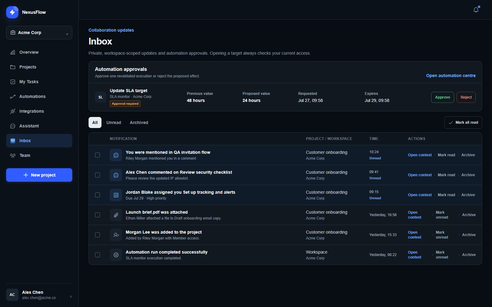 NexusFlow collaboration inbox showing automation approvals and workspace notifications