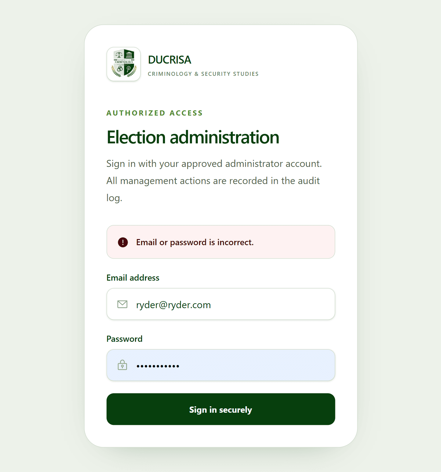 DUCRISA election administration sign-in screen showing an invalid credentials state