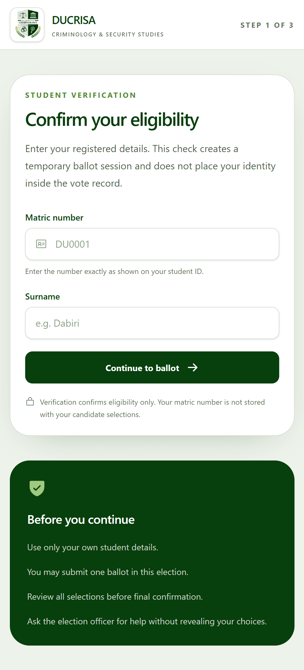 DUCRISA student verification and voting eligibility screen on mobile