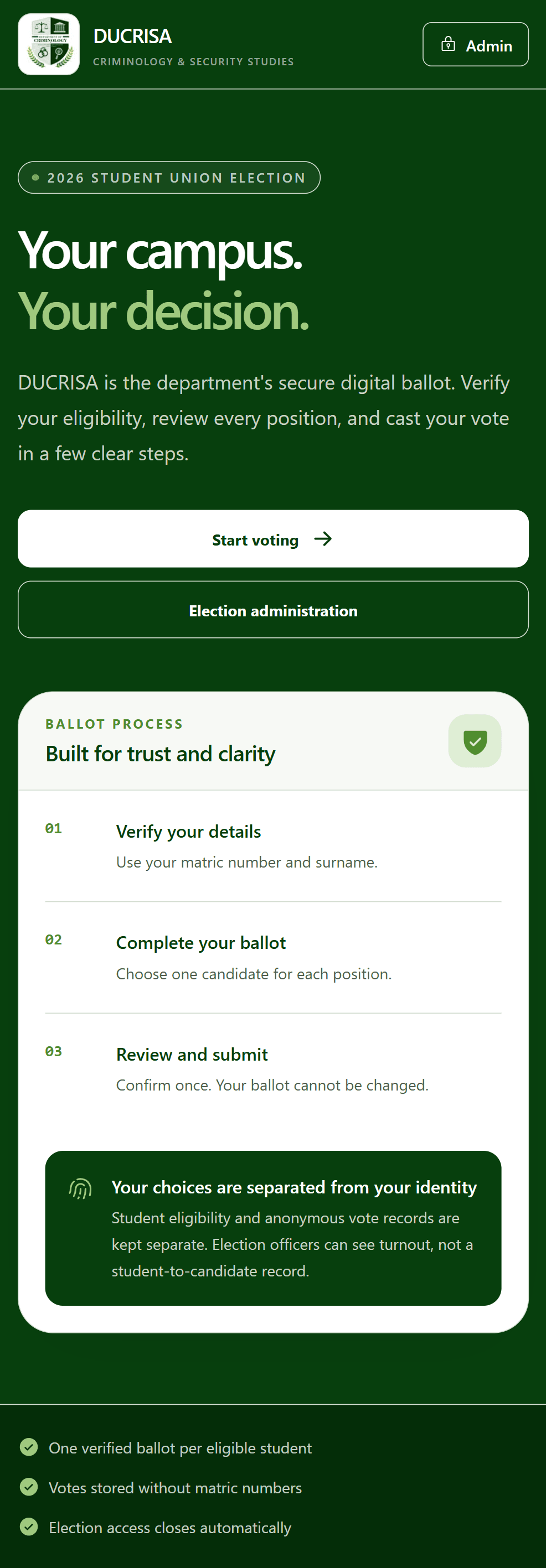 DUCRISA University Voting System mobile landing page and ballot process